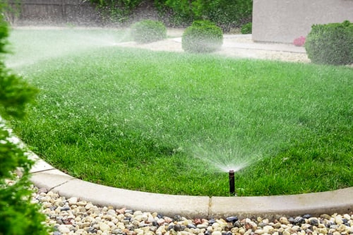 Lawn sprinkler head watering a green lawn
